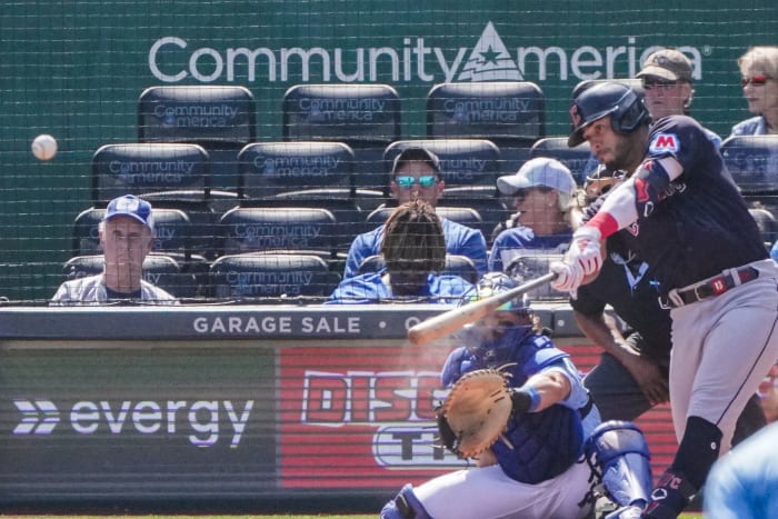 Sep 18, 2023; Kansas City, Missouri, USA; Cleveland Guardians shortstop Gabriel Arias (13) hits a solo home run against the Kansas City Royals in the fourth inning at Kauffman Stadium. Mandatory Credit: Denny Medley-USA TODAY Sports